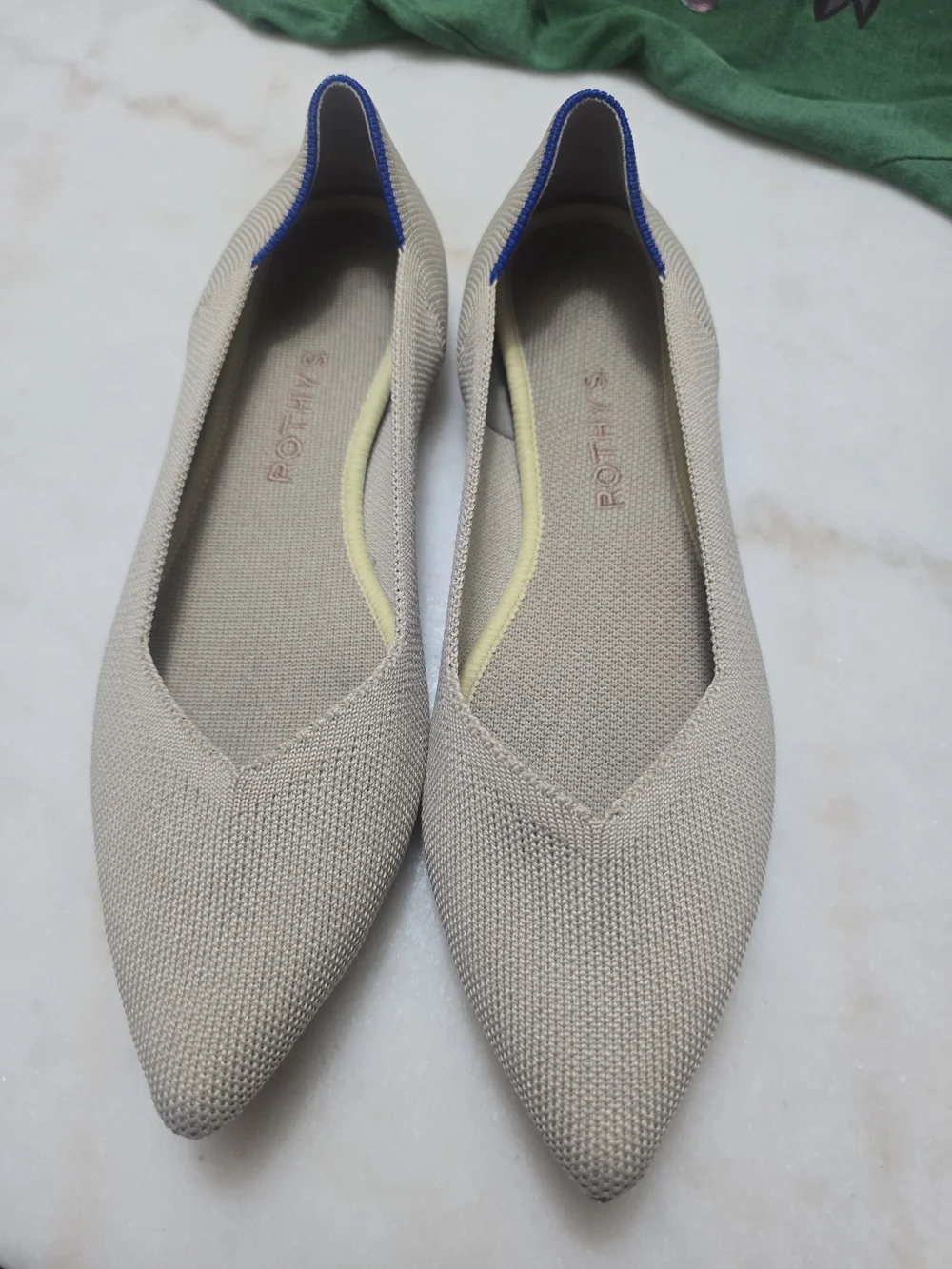 Rothy's Women's Pointed Knit Flats in Beige with Blue Trim